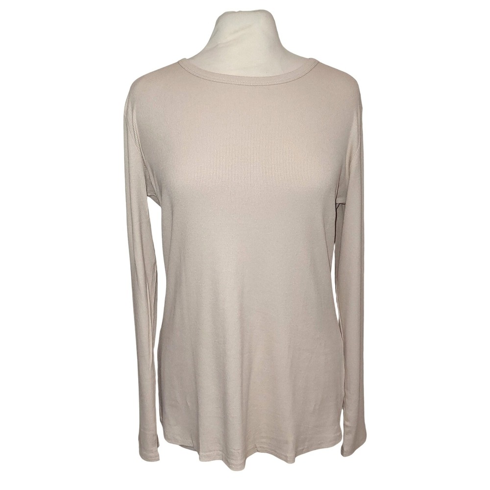 NWT ANRABESS Beige Ribbed Knit Long Sleeve Scoop Neck Slim Fit Basic Tee XXL - Picture 2 of 9